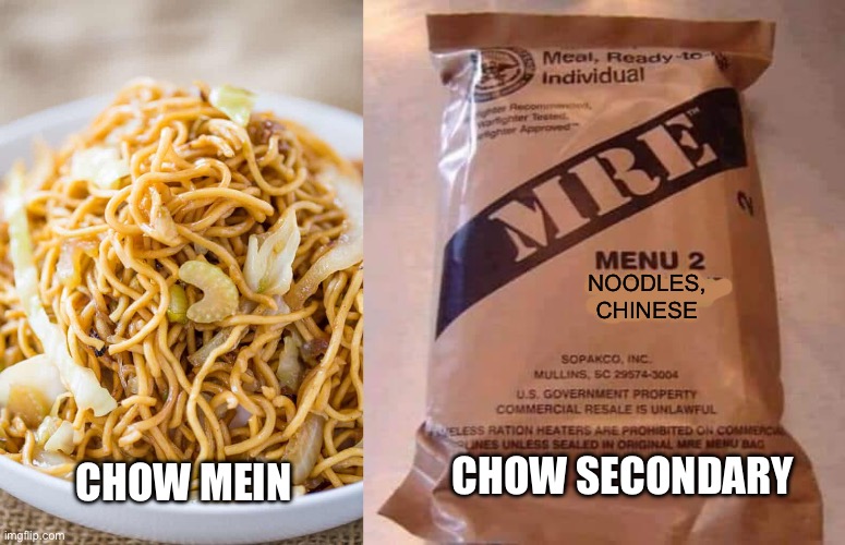 What food looks like to people in the military | NOODLES,
CHINESE; CHOW SECONDARY; CHOW MEIN | image tagged in mre,food,military | made w/ Imgflip meme maker