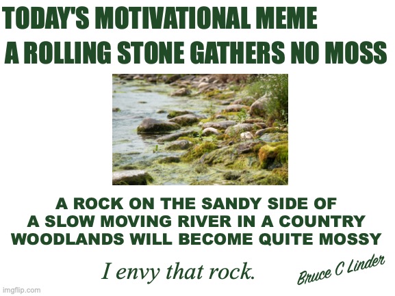 A Rolling Stone | TODAY'S MOTIVATIONAL MEME; A ROLLING STONE GATHERS NO MOSS; A ROCK ON THE SANDY SIDE OF
A SLOW MOVING RIVER IN A COUNTRY
WOODLANDS WILL BECOME QUITE MOSSY; Bruce C Linder; I envy that rock. | image tagged in rolling stones,rocks,moss,rivers,motivation,envy | made w/ Imgflip meme maker
