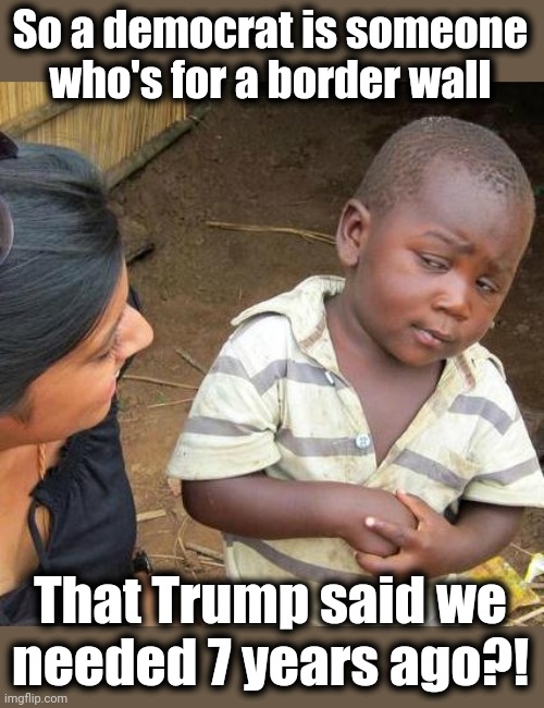 Trump was right, democrat edition | So a democrat is someone who's for a border wall; That Trump said we
needed 7 years ago?! | image tagged in memes,third world skeptical kid,border wall,joe biden,open borders | made w/ Imgflip meme maker