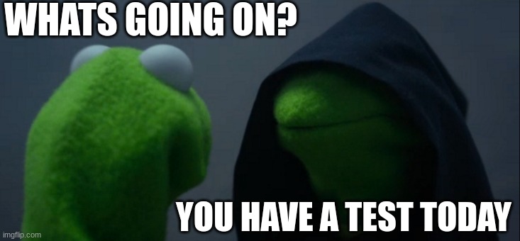 test day.. | WHATS GOING ON? YOU HAVE A TEST TODAY | image tagged in memes,evil kermit | made w/ Imgflip meme maker