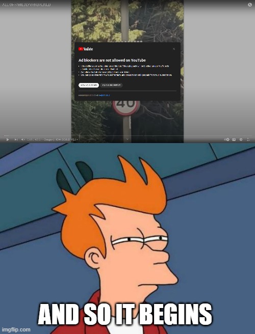youtube ads | AND SO IT BEGINS | image tagged in memes,futurama fry,youtube | made w/ Imgflip meme maker