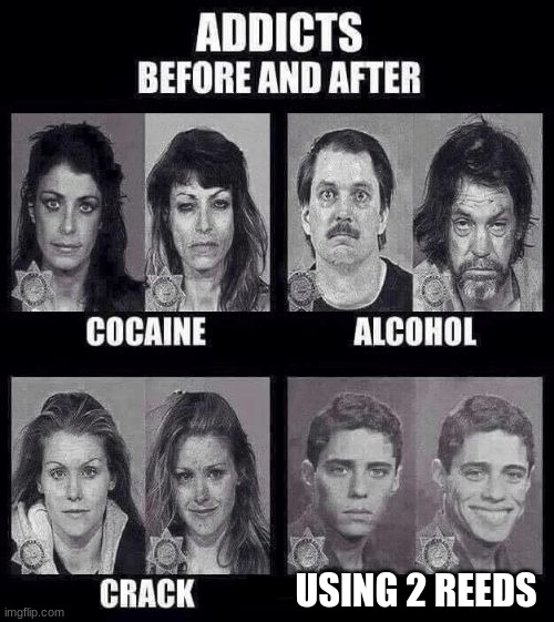 Addicts before and after | USING 2 REEDS | image tagged in addicts before and after | made w/ Imgflip meme maker