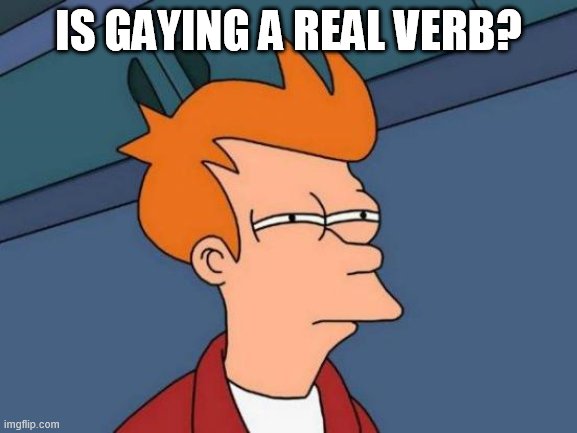 Futurama Fry | IS GAYING A REAL VERB? | image tagged in memes,futurama fry | made w/ Imgflip meme maker