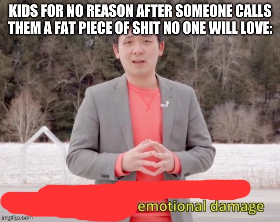 maximum emotional damage | KIDS FOR NO REASON AFTER SOMEONE CALLS THEM A FAT PIECE OF SHIT NO ONE WILL LOVE: | image tagged in maximum emotional damage | made w/ Imgflip meme maker