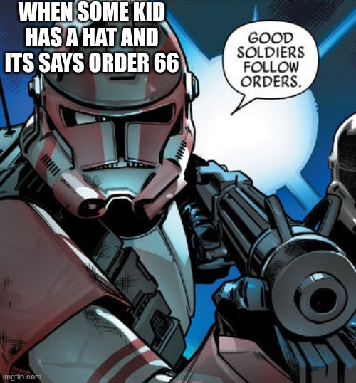 Good soldiers follow orders | WHEN SOME KID HAS A HAT AND ITS SAYS ORDER 66 | image tagged in good soldiers follow orders | made w/ Imgflip meme maker