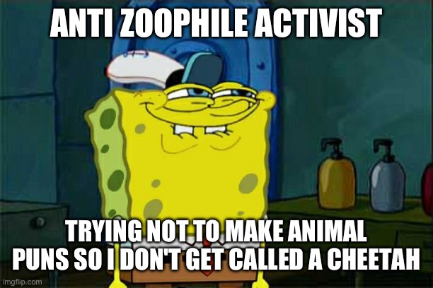 Actually not a bad pun | ANTI ZOOPHILE ACTIVIST; TRYING NOT TO MAKE ANIMAL PUNS SO I DON'T GET CALLED A CHEETAH | image tagged in memes,don't you squidward | made w/ Imgflip meme maker