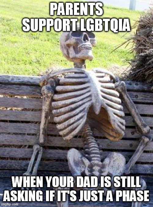 Waiting Skeleton Meme | PARENTS SUPPORT LGBTQIA; WHEN YOUR DAD IS STILL ASKING IF IT'S JUST A PHASE | image tagged in memes,waiting skeleton | made w/ Imgflip meme maker