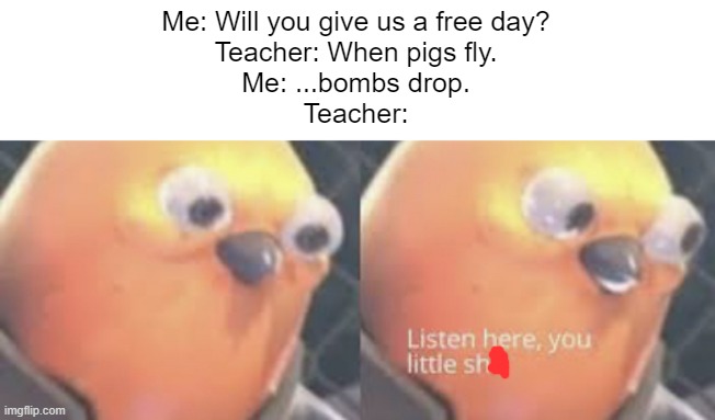 Meme #125 | Me: Will you give us a free day?
Teacher: When pigs fly.
Me: ...bombs drop.
Teacher: | image tagged in listen here you little shit bird,dark humor | made w/ Imgflip meme maker