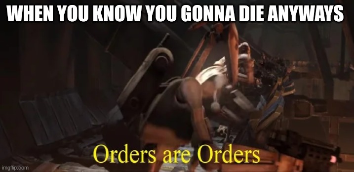 Orders are Orders | WHEN YOU KNOW YOU GONNA DIE ANYWAYS | image tagged in orders are orders | made w/ Imgflip meme maker