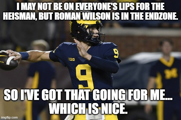 I MAY NOT BE ON EVERYONE'S LIPS FOR THE HEISMAN, BUT ROMAN WILSON IS IN THE ENDZONE. SO I'VE GOT THAT GOING FOR ME...  
WHICH IS NICE. | made w/ Imgflip meme maker