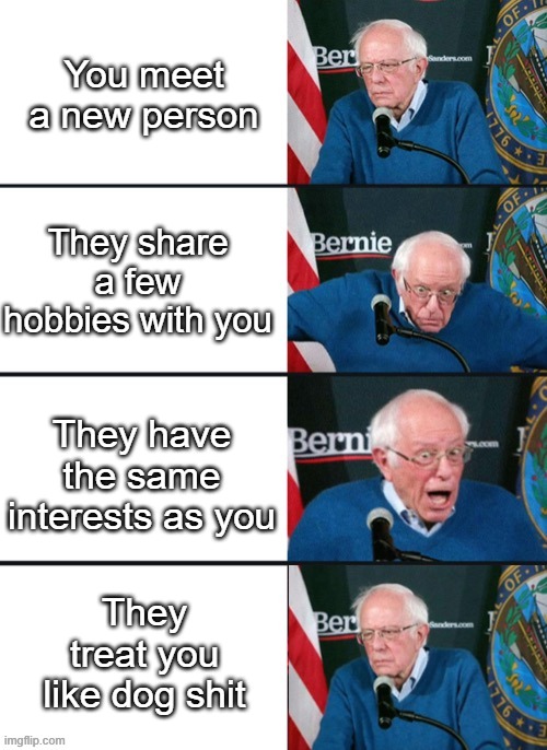 I can't with people sometimes... Does anyone have any tips? | You meet a new person; They share a few hobbies with you; They have the same interests as you; They treat you like dog shit | image tagged in bernie sander reaction change | made w/ Imgflip meme maker
