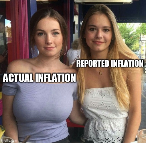 Garlic Bread Boobs | REPORTED INFLATION; ACTUAL INFLATION | image tagged in garlic bread boobs,ethtrader | made w/ Imgflip meme maker