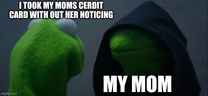 Evil Kermit | I TOOK MY MOMS CERDIT CARD WITH OUT HER NOTICING; MY MOM | image tagged in memes,evil kermit | made w/ Imgflip meme maker