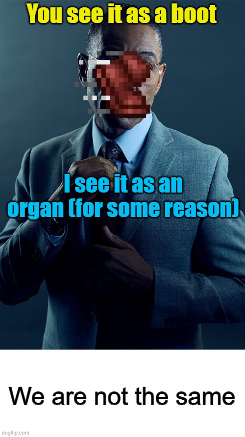 Minecraft effect icons are mostly surprisingly misleading to what they're supposed to be | You see it as a boot; I see it as an organ (for some reason); We are not the same | image tagged in gus fring we are not the same | made w/ Imgflip meme maker