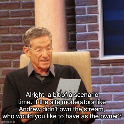 Or owners | Alright, a bit of a scenario time. If the site moderators like Andrew didn’t own the stream, who would you like to have as the owner? | image tagged in memes,maury lie detector | made w/ Imgflip meme maker