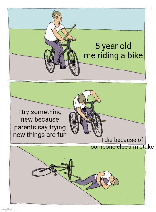 Bike Fall | 5 year old me riding a bike; I try something new because parents say trying new things are fun; I die because of someone else's mistake | image tagged in memes,bike fall | made w/ Imgflip meme maker