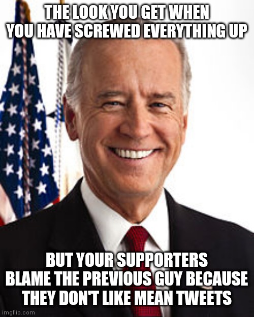Biden screwing everything up | THE LOOK YOU GET WHEN YOU HAVE SCREWED EVERYTHING UP; BUT YOUR SUPPORTERS BLAME THE PREVIOUS GUY BECAUSE THEY DON'T LIKE MEAN TWEETS | image tagged in memes,joe biden,funny memes | made w/ Imgflip meme maker