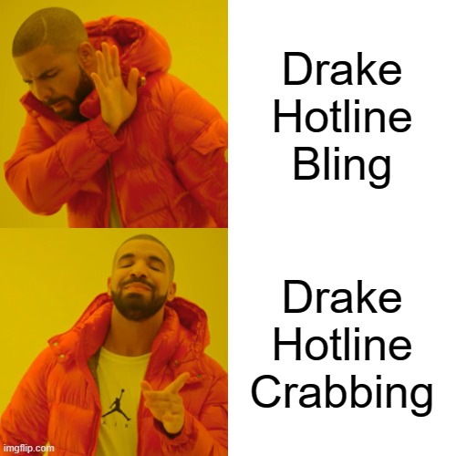 me deciding to stick the template name into an AI writer baked into the website: | Drake Hotline Bling; Drake Hotline Crabbing | image tagged in memes,drake hotline bling | made w/ Imgflip meme maker