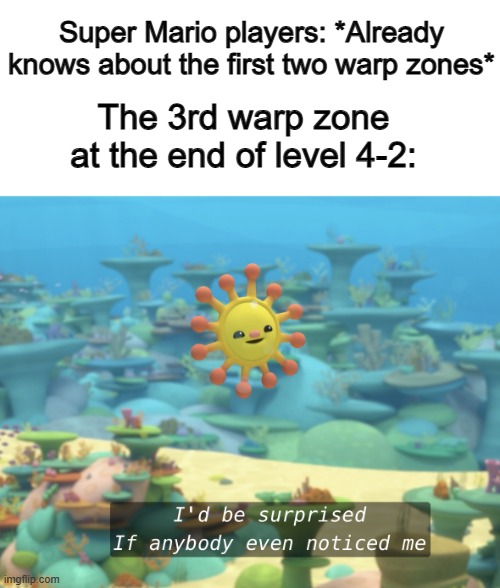 I never knew this warp zone existed until yesterday o_o | Super Mario players: *Already knows about the first two warp zones*; The 3rd warp zone at the end of level 4-2: | image tagged in i d be surprised of anybody even noticed me- | made w/ Imgflip meme maker