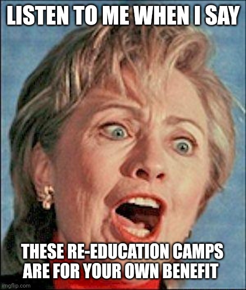 Ugly Hillary Clinton | LISTEN TO ME WHEN I SAY; THESE RE-EDUCATION CAMPS ARE FOR YOUR OWN BENEFIT | image tagged in ugly hillary clinton | made w/ Imgflip meme maker
