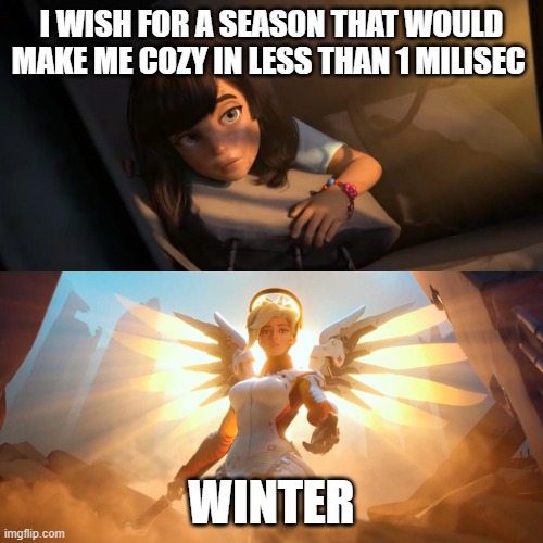 Winter is cool | I WISH FOR A SEASON THAT WOULD MAKE ME COZY IN LESS THAN 1 MILISEC; WINTER | image tagged in overwatch mercy meme | made w/ Imgflip meme maker