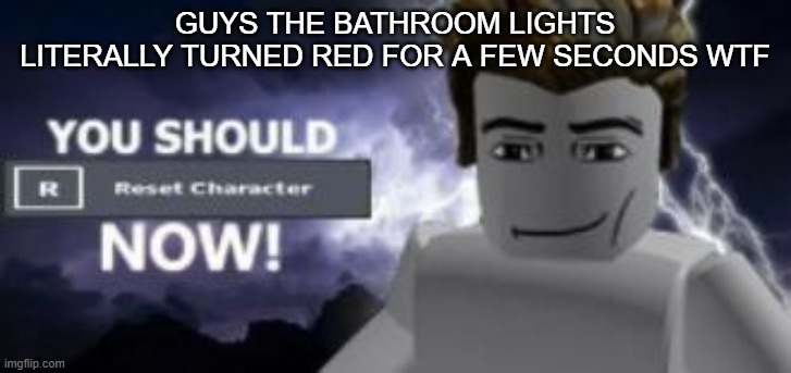 you should reset  character NOW! | GUYS THE BATHROOM LIGHTS LITERALLY TURNED RED FOR A FEW SECONDS WTF | image tagged in you should reset character now | made w/ Imgflip meme maker