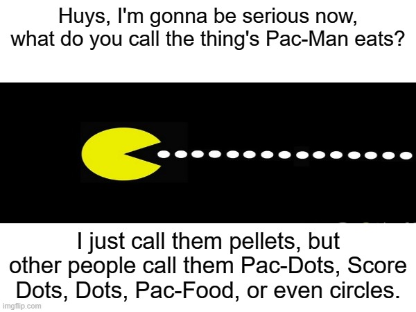 a question that has plagued me for years... | Huys, I'm gonna be serious now, what do you call the thing's Pac-Man eats? I just call them pellets, but other people call them Pac-Dots, Score Dots, Dots, Pac-Food, or even circles. | image tagged in pac man,pellets,i don't need sleep i need answers | made w/ Imgflip meme maker