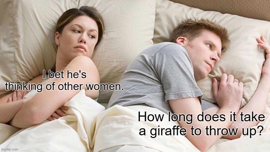 I bet he's thinking about other women. | I bet he's thinking of other women. How long does it take a giraffe to throw up? | image tagged in memes,i bet he's thinking about other women | made w/ Imgflip meme maker