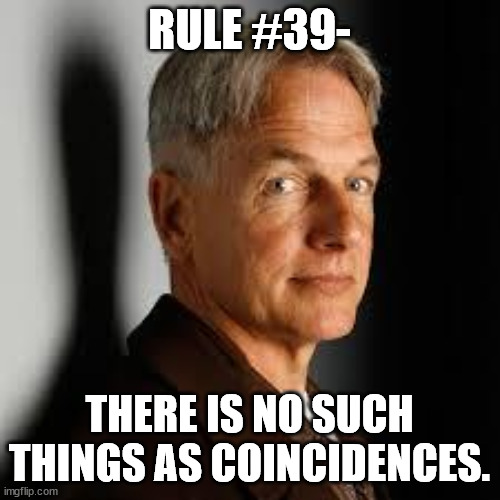 gibbs | RULE #39- THERE IS NO SUCH THINGS AS COINCIDENCES. | image tagged in gibbs | made w/ Imgflip meme maker