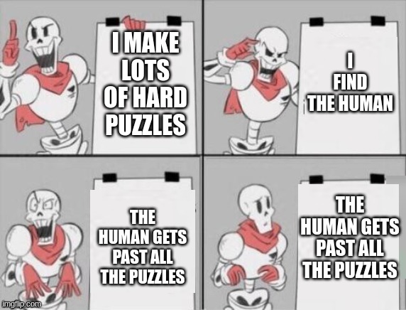 Papyrus plan | I FIND THE HUMAN; I MAKE LOTS OF HARD PUZZLES; THE HUMAN GETS PAST ALL THE PUZZLES; THE HUMAN GETS PAST ALL THE PUZZLES | image tagged in papyrus plan | made w/ Imgflip meme maker