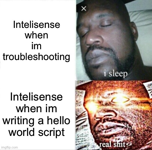 Intelisense | Intelisense when im troubleshooting; Intelisense when im writing a hello world script | image tagged in memes,sleeping shaq,coding | made w/ Imgflip meme maker