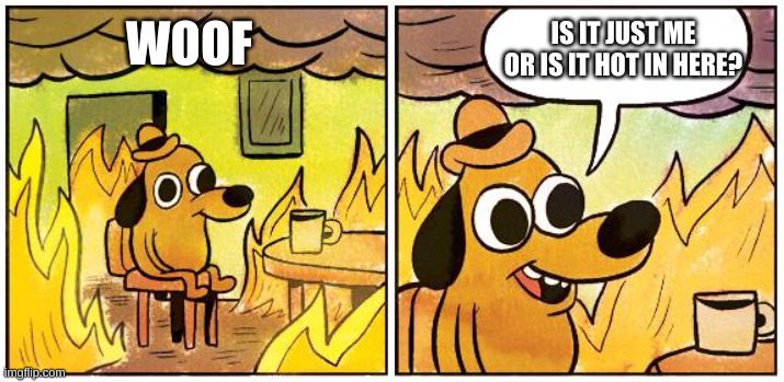 WOOF | IS IT JUST ME OR IS IT HOT IN HERE? WOOF | image tagged in this is fine blank | made w/ Imgflip meme maker