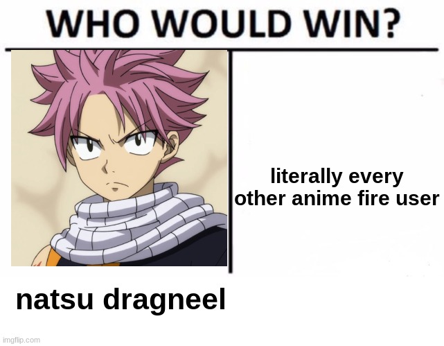 i'm arguing natsu | literally every other anime fire user; natsu dragneel | image tagged in memes,who would win,fairy tail | made w/ Imgflip meme maker