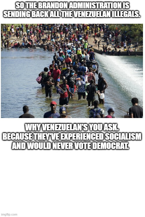 No more Venezuelans | SO THE BRANDON ADMINISTRATION IS SENDING BACK ALL THE VENEZUELAN ILLEGALS. WHY VENEZUELAN'S YOU ASK. BECAUSE THEY'VE EXPERIENCED SOCIALISM AND WOULD NEVER VOTE DEMOCRAT. | image tagged in memes,branon,democrats,socialism | made w/ Imgflip meme maker
