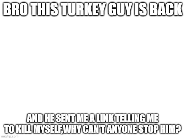 Bro wtf? (Mod note: ikr)(Red's Note: Bro I feel you)(Tuff note: bro won't stay dead) | BRO THIS TURKEY GUY IS BACK; AND HE SENT ME A LINK TELLING ME TO KILL MYSELF,WHY CAN'T ANYONE STOP HIM? | image tagged in turkey | made w/ Imgflip meme maker