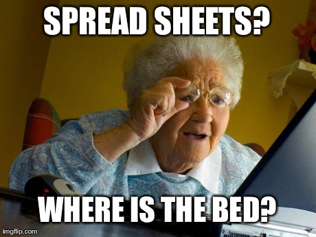 Grandma Finds The Internet | SPREAD SHEETS? WHERE IS THE BED? | image tagged in memes,grandma finds the internet | made w/ Imgflip meme maker