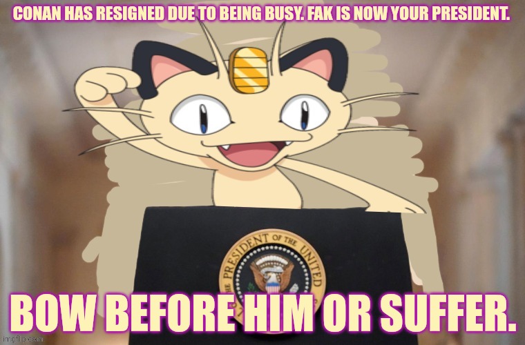 Meowth party | CONAN HAS RESIGNED DUE TO BEING BUSY. FAK IS NOW YOUR PRESIDENT. BOW BEFORE HIM OR SUFFER. | image tagged in meowth party | made w/ Imgflip meme maker