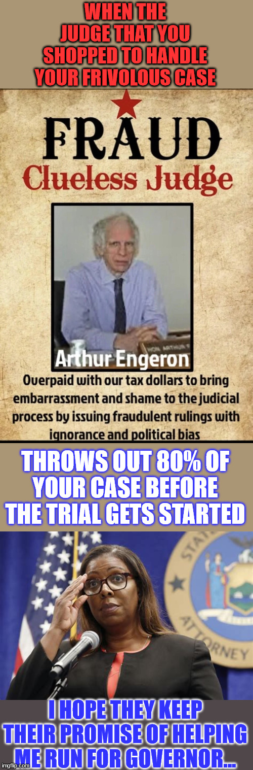 You know it's a very bad prosecution when your crooked judge throws out 80% of your case. | WHEN THE JUDGE THAT YOU SHOPPED TO HANDLE YOUR FRIVOLOUS CASE; THROWS OUT 80% OF YOUR CASE BEFORE THE TRIAL GETS STARTED; I HOPE THEY KEEP THEIR PROMISE OF HELPING ME RUN FOR GOVERNOR... | image tagged in government corruption,corrupt,doj,judge,attorney general,injustice | made w/ Imgflip meme maker
