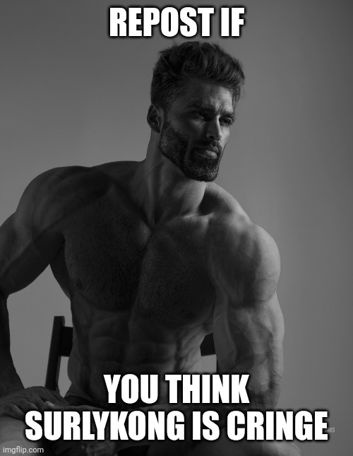 Giga Chad | REPOST IF; YOU THINK SURLYKONG IS CRINGE | image tagged in giga chad | made w/ Imgflip meme maker