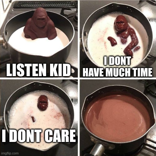 chocolate gorilla | LISTEN KID I DONT HAVE MUCH TIME I DONT CARE | image tagged in chocolate gorilla | made w/ Imgflip meme maker