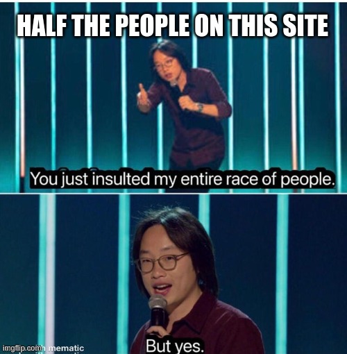 You just insulted my entire race of people | HALF THE PEOPLE ON THIS SITE | image tagged in you just insulted my entire race of people | made w/ Imgflip meme maker