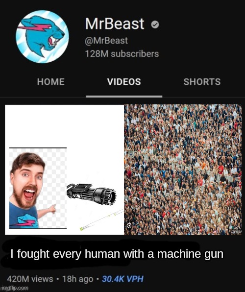 MrBeast thumbnail template | I fought every human with a machine gun | image tagged in mrbeast thumbnail template,mr beast,funny memes,funny,fun | made w/ Imgflip meme maker