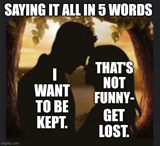 No Way Hose-A | SAYING IT ALL IN 5 WORDS; GET LOST. THAT'S NOT FUNNY-; I WANT TO BE KEPT. | image tagged in words,last words | made w/ Imgflip meme maker