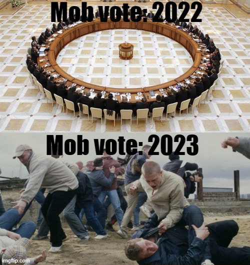 Men discussing men fighting | Mob vote: 2022; Mob vote: 2023 | image tagged in men discussing men fighting | made w/ Imgflip meme maker