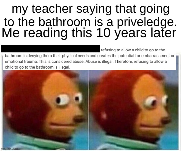 bruh it's litterly illegal | my teacher saying that going to the bathroom is a priveledge. Me reading this 10 years later | image tagged in memes,monkey puppet | made w/ Imgflip meme maker