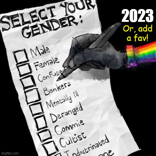 It's All About How You IDENTIFY! | 2023; Or, add 
a fav! | image tagged in politics,liberal vs conservative,gender identity,choices,identify,male female | made w/ Imgflip meme maker