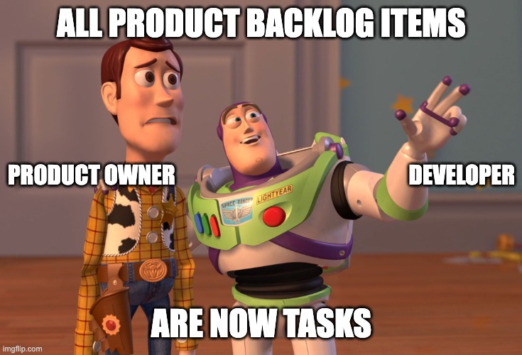 X, X Everywhere Meme | ALL PRODUCT BACKLOG ITEMS; DEVELOPER; PRODUCT OWNER; ARE NOW TASKS | image tagged in memes,x x everywhere | made w/ Imgflip meme maker