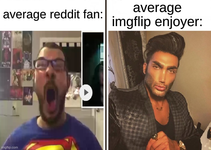 . | average imgflip enjoyer:; average reddit fan: | image tagged in average fan vs average enjoyer,memes,reddit bad imgflip good | made w/ Imgflip meme maker