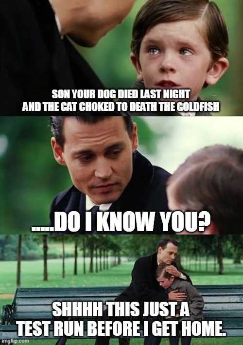 Finding Neverland | SON YOUR DOG DIED LAST NIGHT AND THE CAT CHOKED TO DEATH THE GOLDFISH; .....DO I KNOW YOU? SHHHH THIS JUST A TEST RUN BEFORE I GET HOME. | image tagged in memes,finding neverland | made w/ Imgflip meme maker