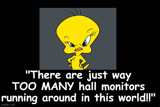 "There are just way TOO MANY hall monitors running around in this world!!" | "There are just way TOO MANY hall monitors running around in this world!!" | image tagged in tweety bird | made w/ Imgflip meme maker